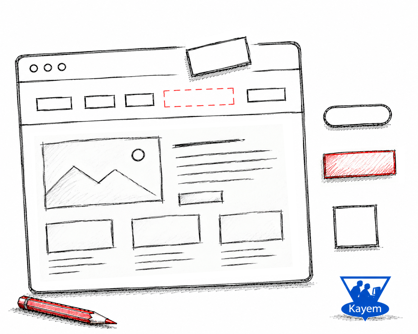 Hand-drawn website with a removed navigation module and alternative module shapes alongside it, representing investigation, experimentation and testing in website development