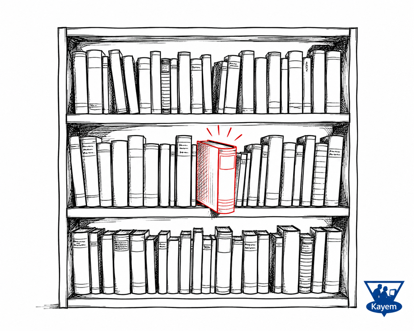 Hand-drawn bookshelf with one book highlighted in Kayem blue, representing hidden knowledge