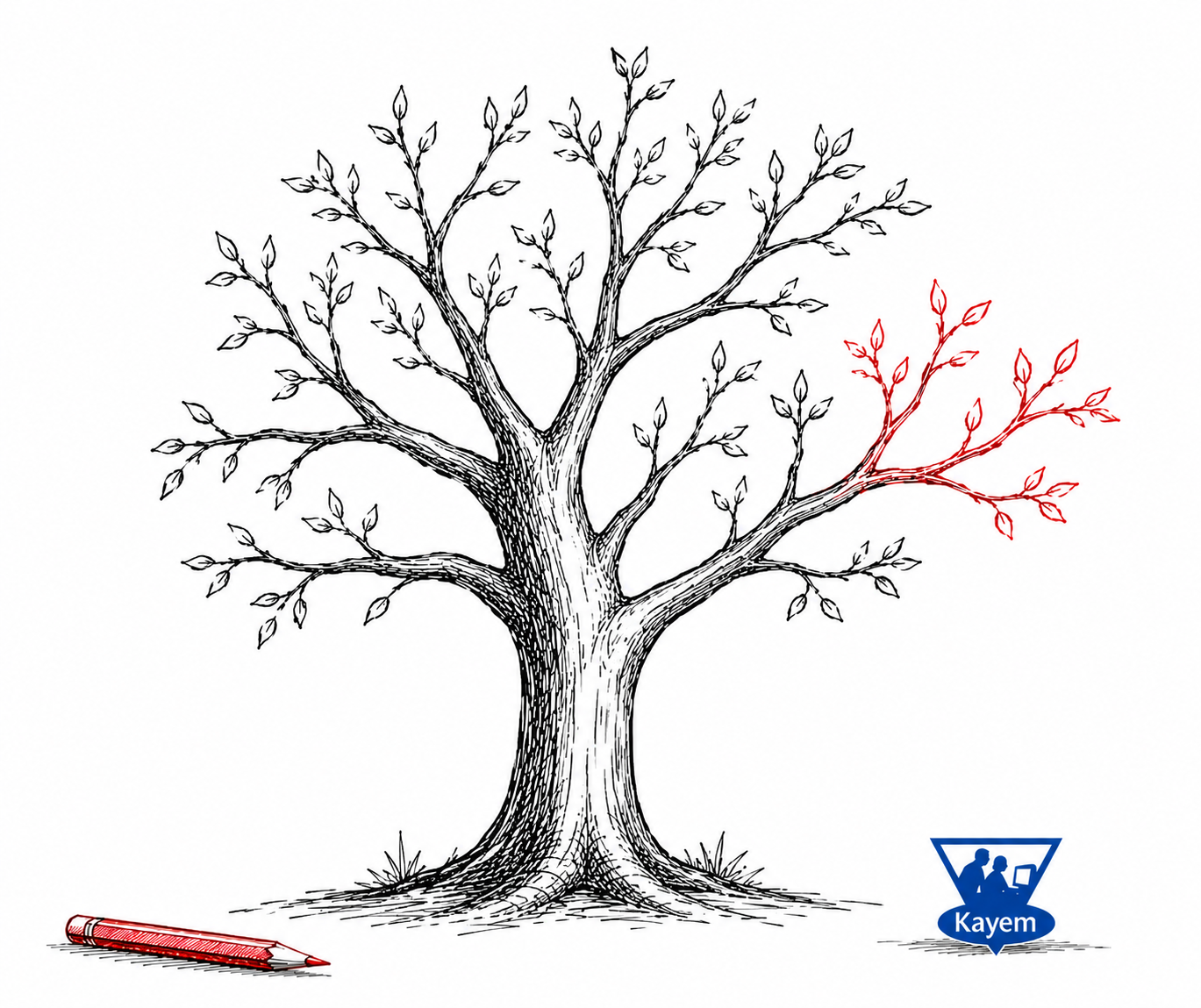 Hand-drawn tree with one branch highlighted in Kayem blue, representing how knowledge grows from connected ideas