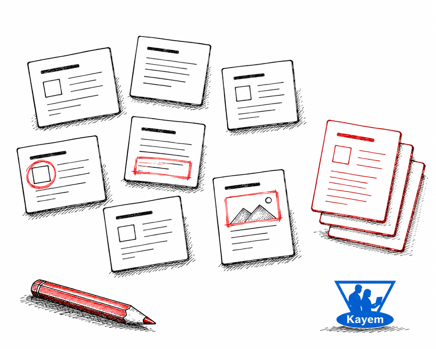 Hand-drawn website content cards with red annotations and a sorted stack, representing the process of understanding and organising website content