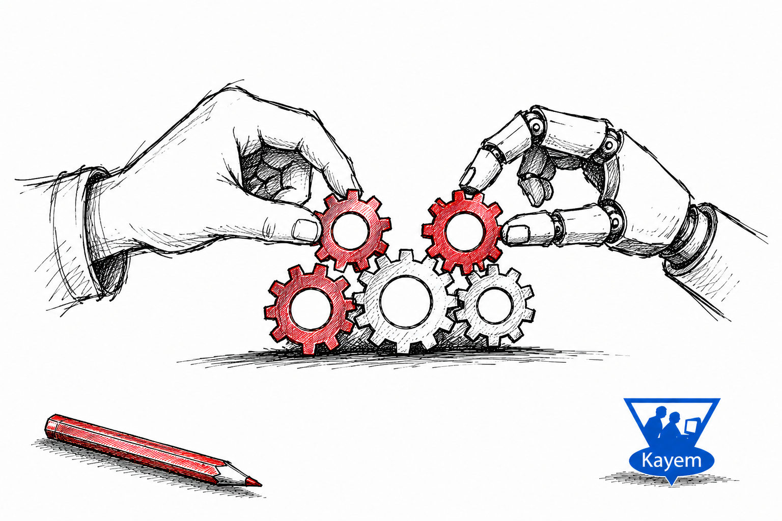 Hand-drawn human and robotic hands working together with interlocking cogs, representing collaboration between human SEO expertise and artificial intelligence